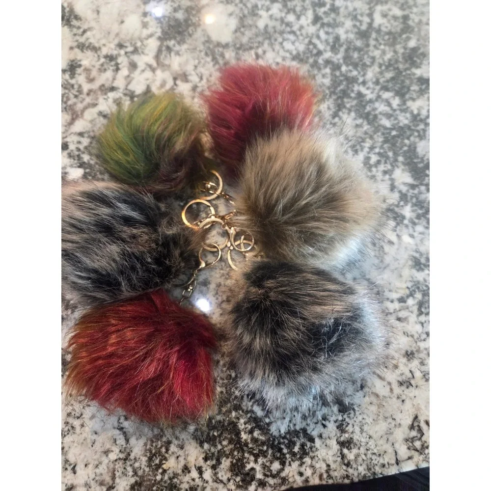 Set of 6 Faux Fur Pom Pom Keychains Gold Tone Clasp Bag Charms Multi Color